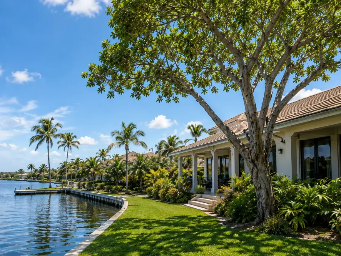 Subtropical residential tree canopy with palms and mature trees
