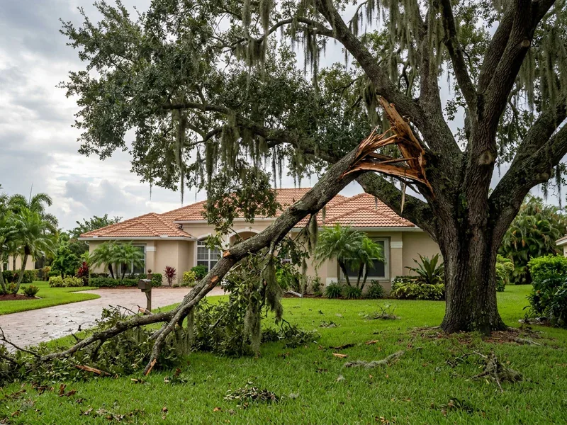 Hyperrealistic photograph of a mature live oak tree with storm-damaged fractured limb resting safely on lawn in a Port St. Lucie residential yard