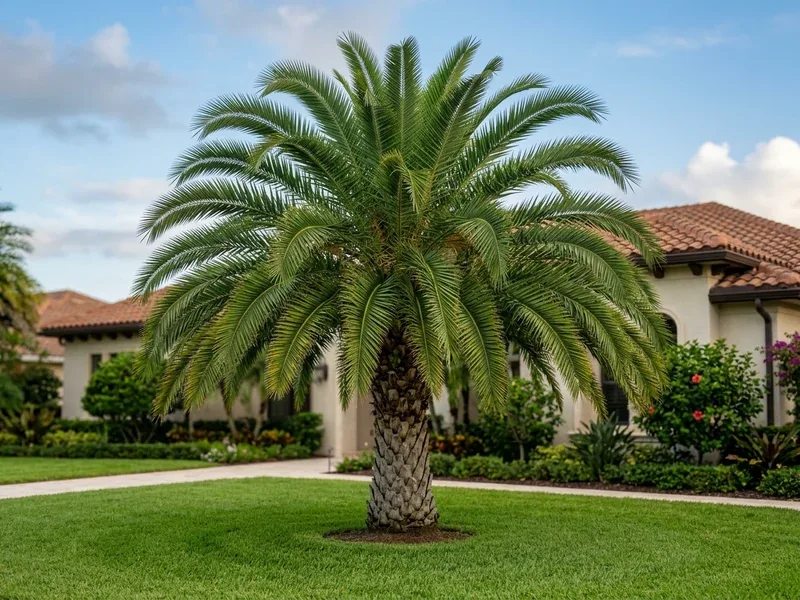 Healthy mature Florida palm with full natural circular green frond crown on a residential lawn