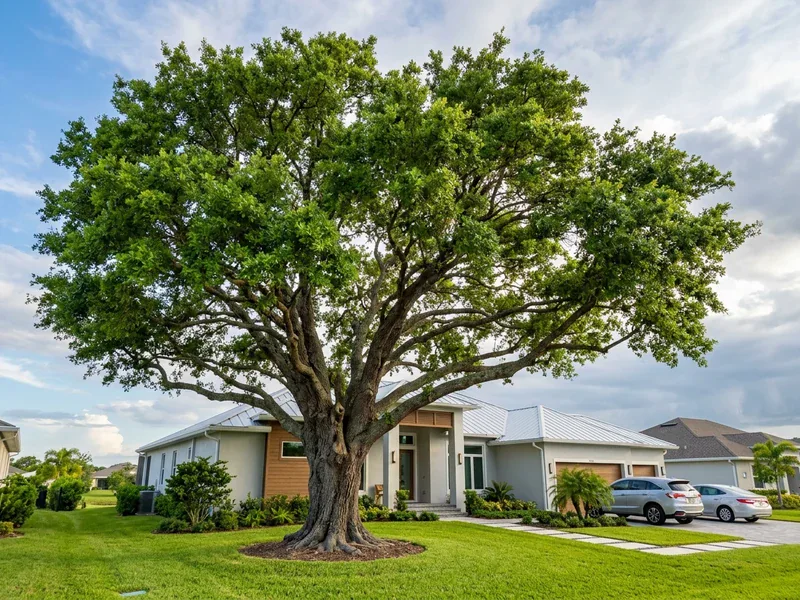 Mature Florida live oak in a Port St. Lucie residential lawn with healthy balanced canopy architecture before storm season