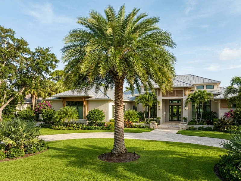 Healthy mature Florida palm tree in a Port St. Lucie residential lawn with a full round green canopy