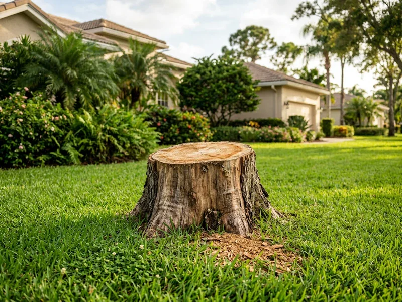 Tree stump on residential Florida property lawn in Port St. Lucie