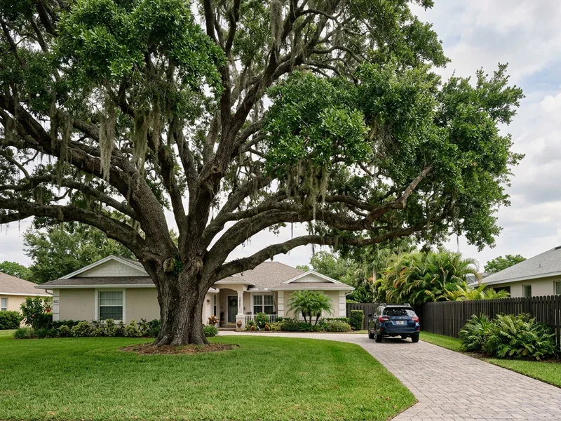 Hyperrealistic photograph of a mature live oak tree in a Port St. Lucie residential front yard showing tree scale and proximity to home and driveway