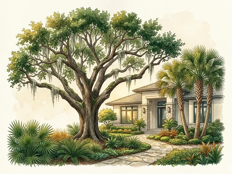 Editorial illustration of mature live oak and sabal palm care in a Port St. Lucie residential setting