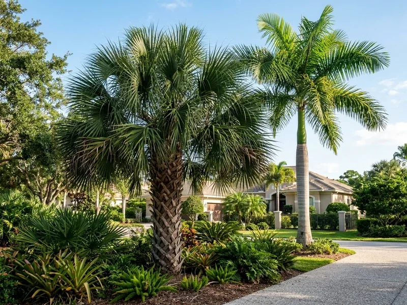 Hyperrealistic photograph of a healthy mature Sabal palm with full natural canopy in a Port St. Lucie garden
